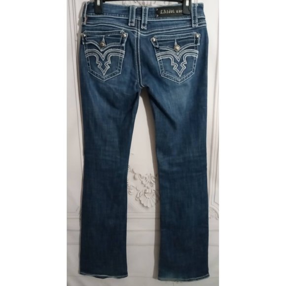 LA Idol Blue Jeans White Stich Whiskers Med Wash Bootcut Flap Pockets Sz 5 - Picture 4 of 8
